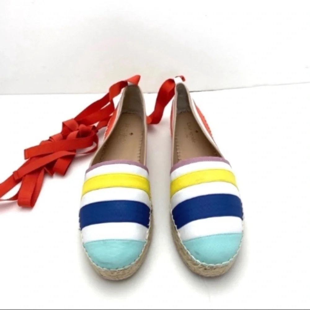 Kate Spade Leather Rainbow Striped Warped Ankle Espadrilles Platform Size 9